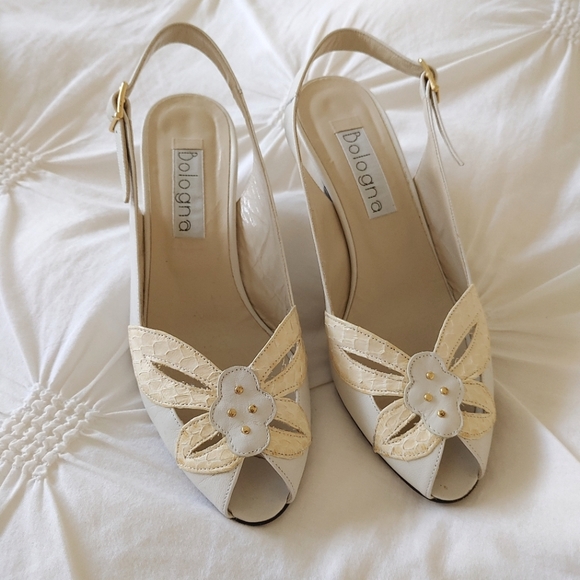 Bologna vintage ivory & cream peep toe sling back kitten heels sz 38 - Picture 1 of 3